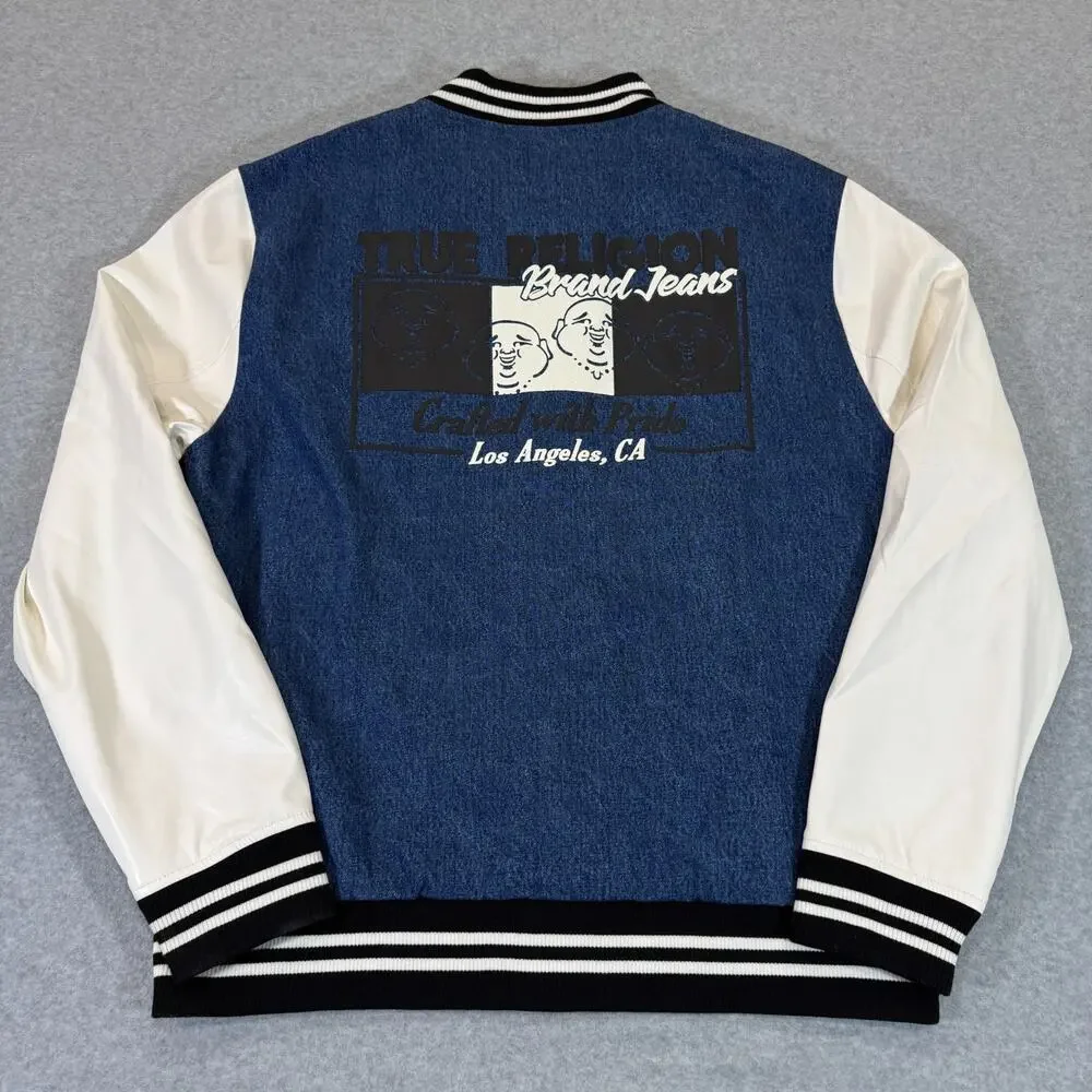 True Religion Mens Quad Buddha Denim Varsity Jacket Bomber Blue White L $239 NWT